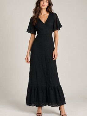 Vetta Black V Neck Flutter Sleeve Tiered Maxi Dress XS